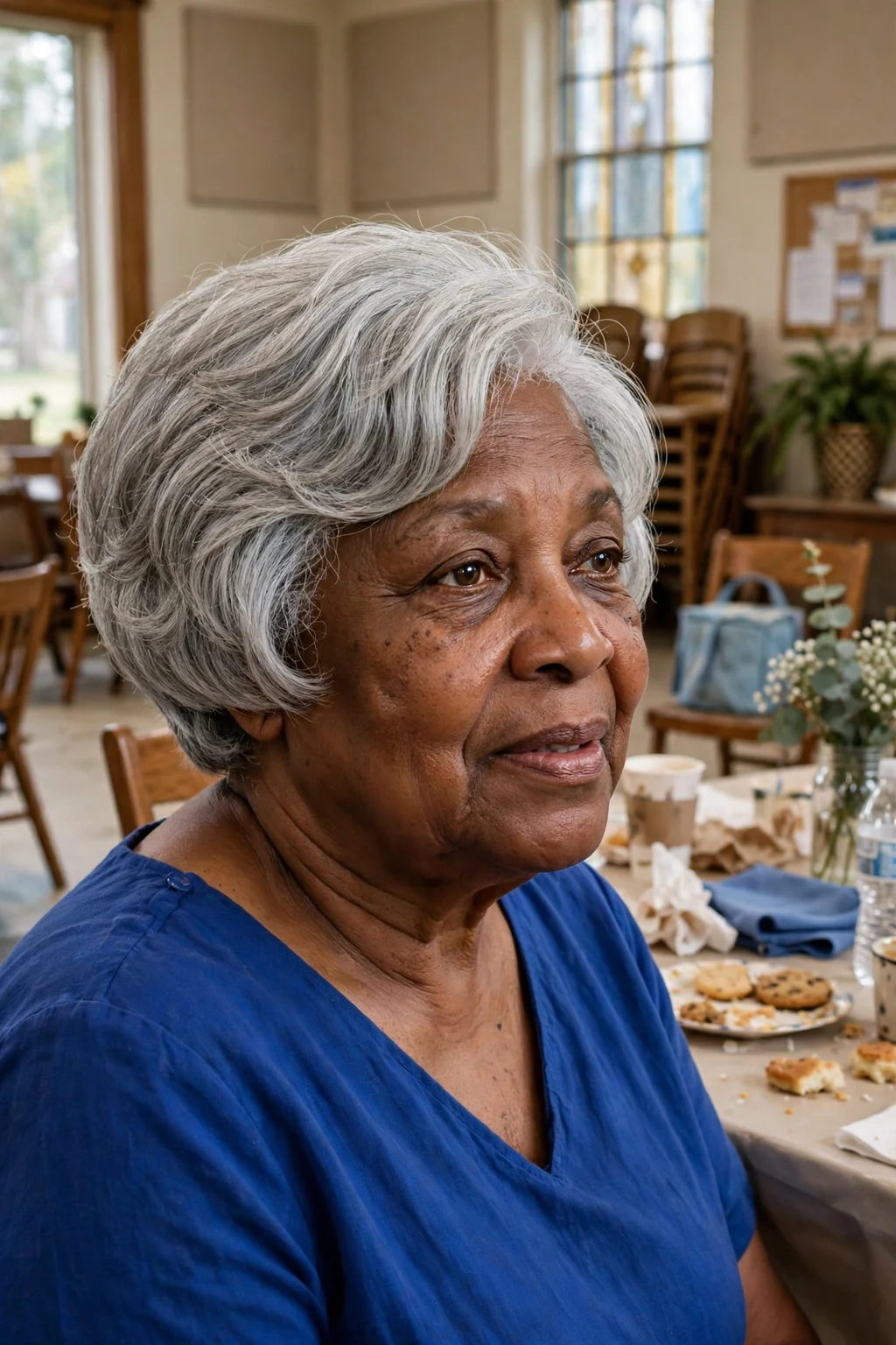 Mature woman over 50 with a rounded stacked bob haircut for fine thin hair, styled and full of volume.