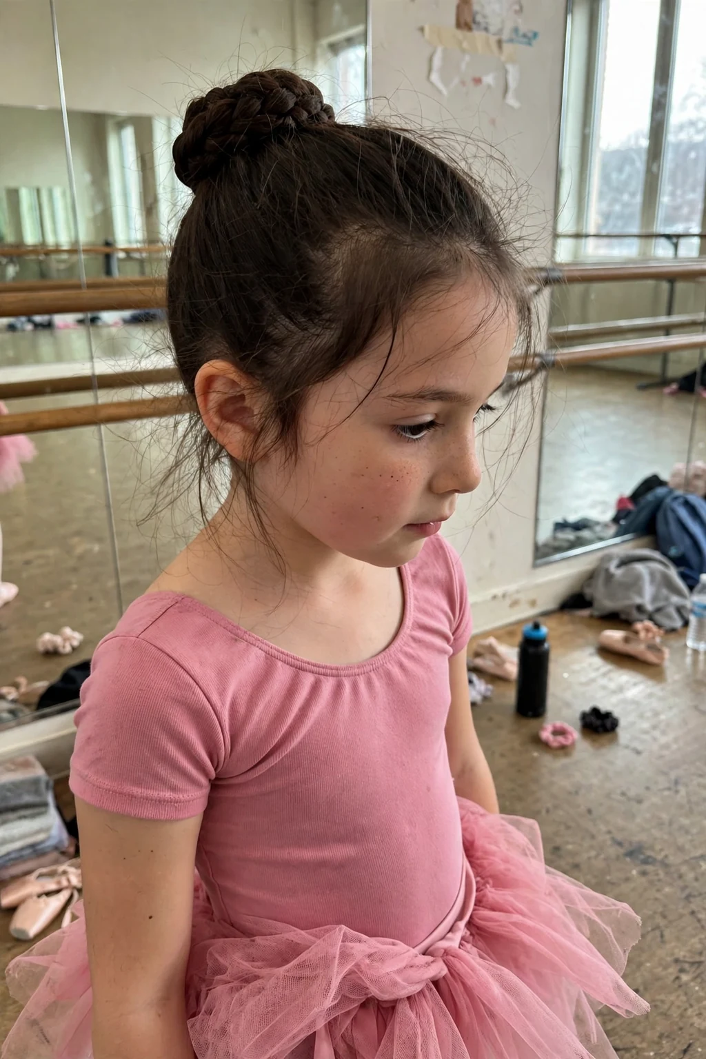 A young girl with a braided ballerina bun in a dance studio with mirrors.