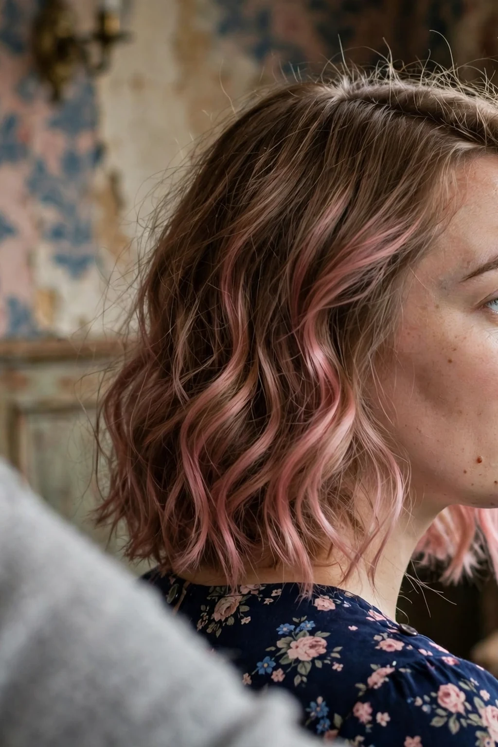 Young Polish woman with royal blush pink waves in soft pink-tinted waves with a side parting, wearing a navy floral dress in a vintage tea room.