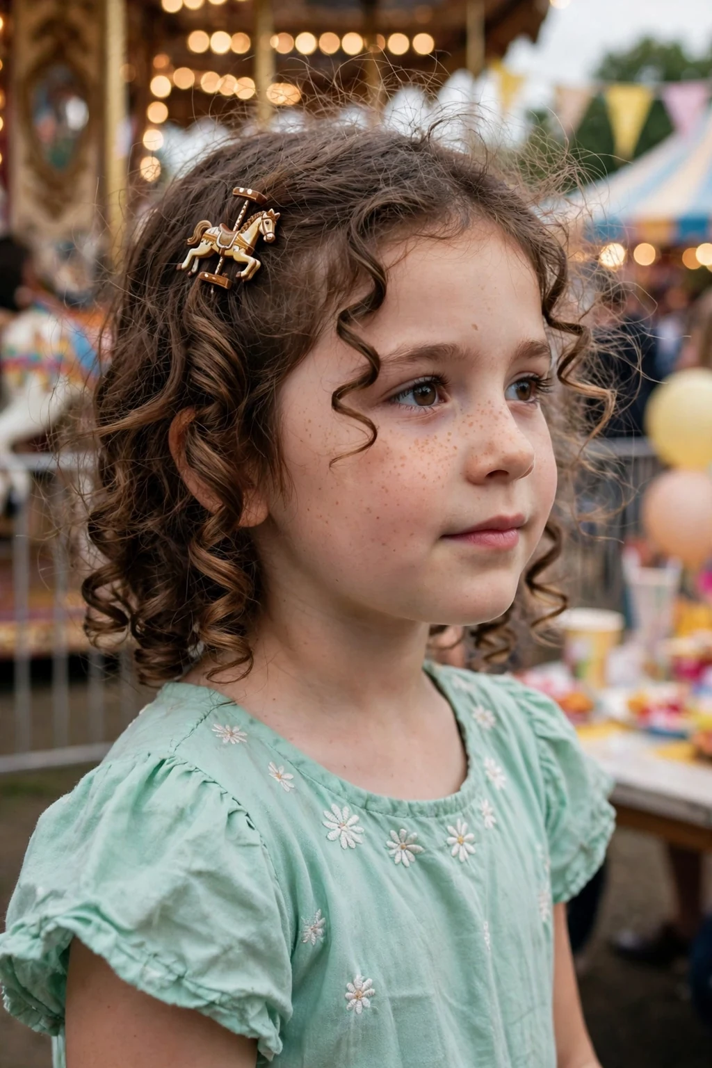 A young girl with tight spiral curls and a carousel horse clip at a fairground party.