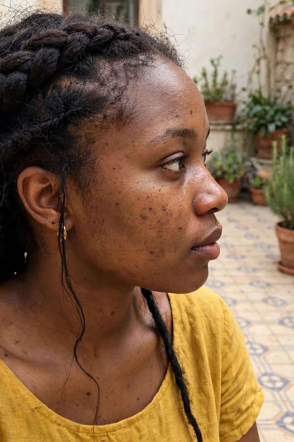 Young Nigerian woman with a royal courtyard twisted crown of two rope twists meeting at the back, wearing a mustard yellow dress in a sunlit tiled courtyard.