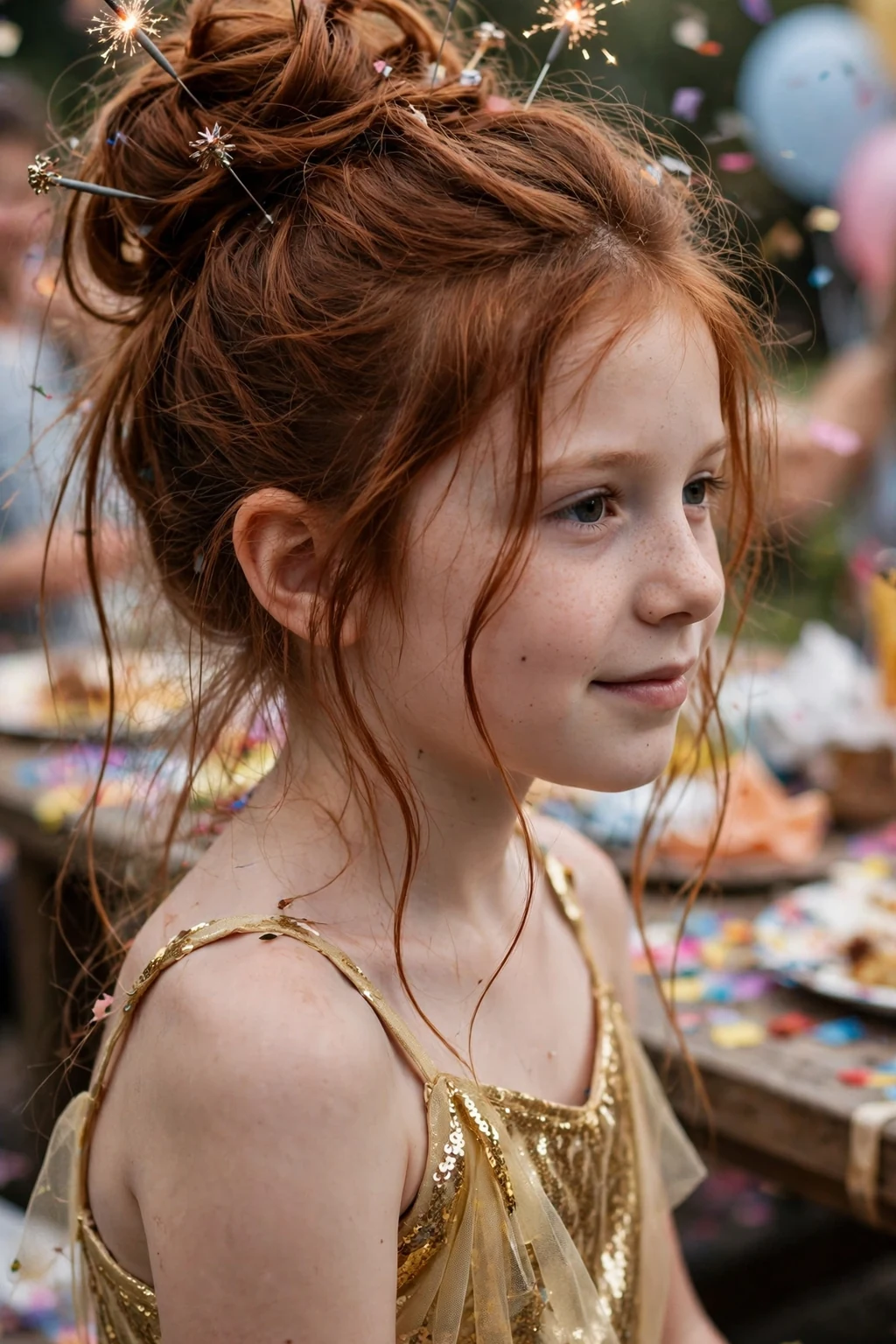 A young girl with a grand finale updo with firework sparkler pins at a celebration party.
