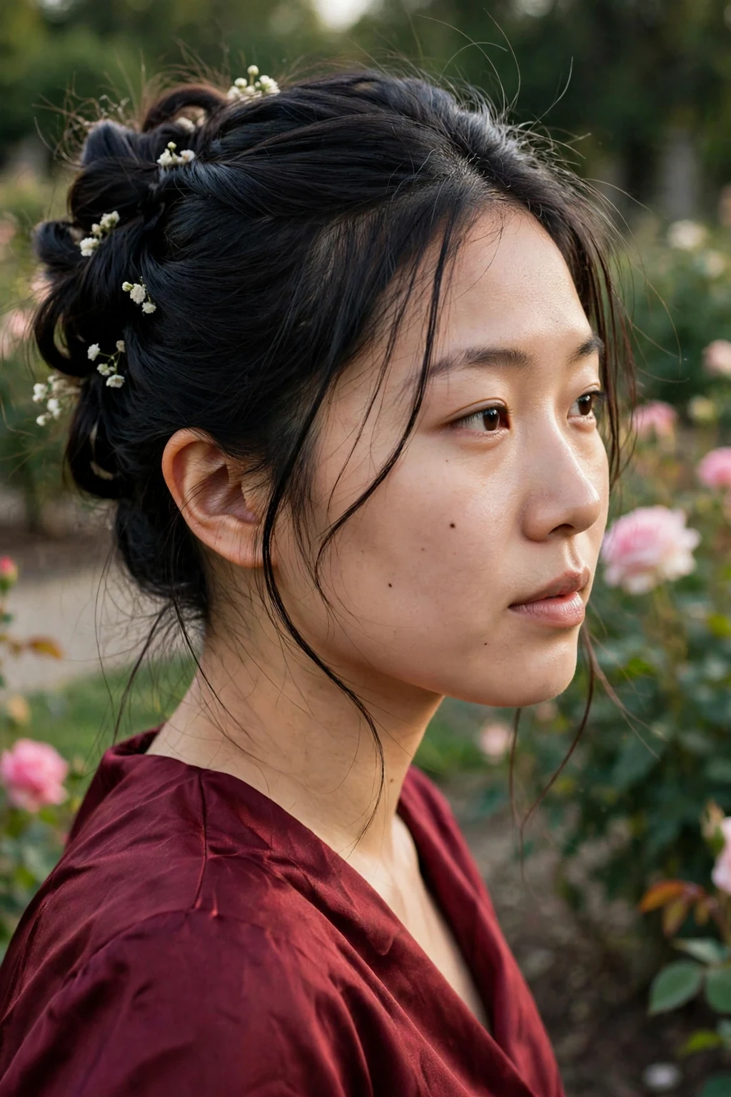Young East Asian woman with a royal garden party updo decorated with tiny white blossoms, wearing a deep burgundy satin dress in a rose garden.
