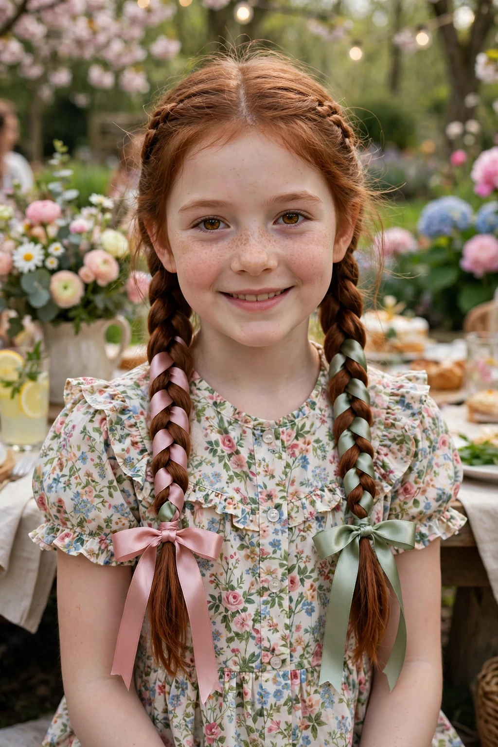 A young girl with two braids woven with satin ribbons in a spring garden party.