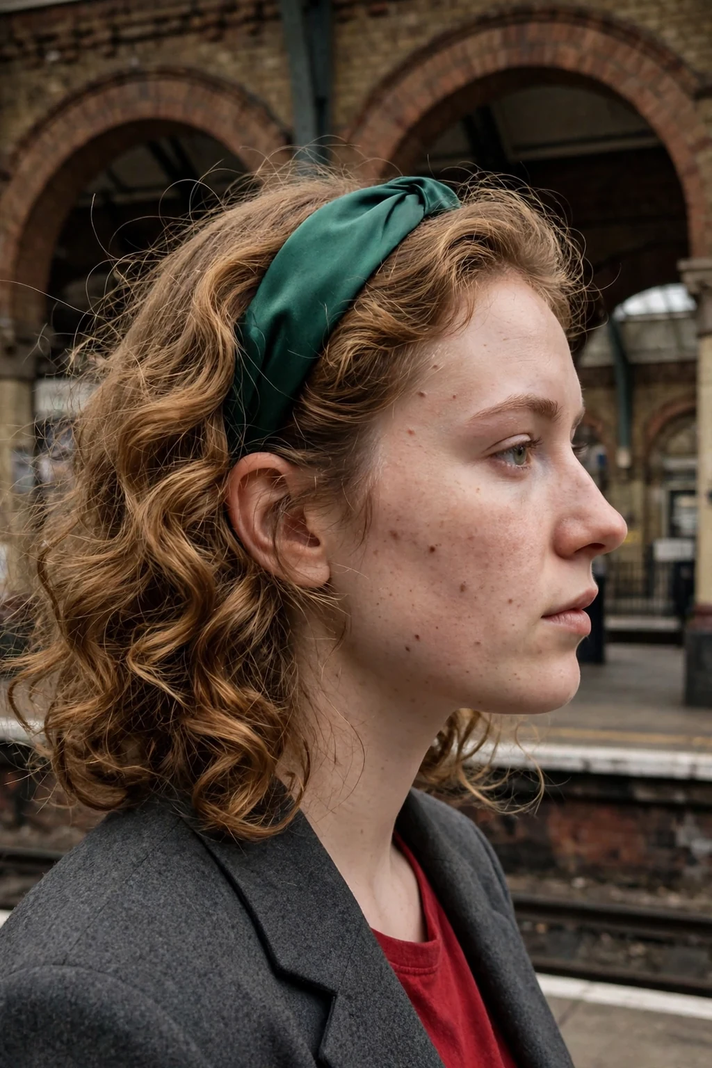 Young British woman with royal satin headband curls held by a wide emerald satin headband, wearing a charcoal blazer over a red top in a historic train station.