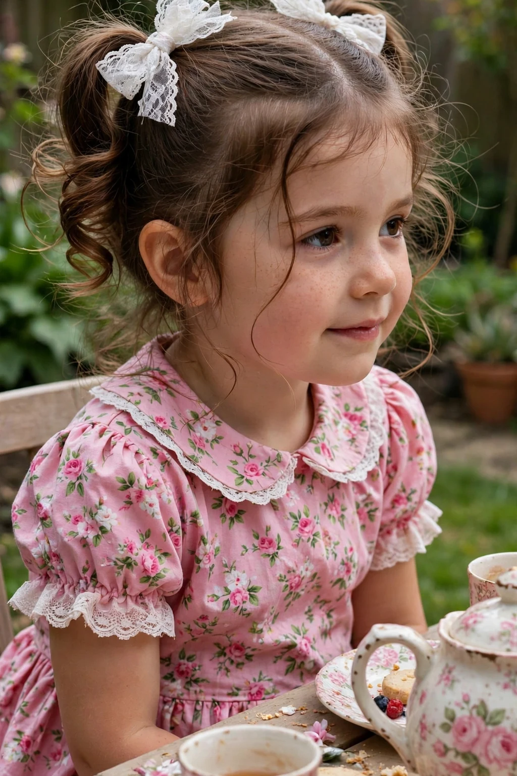 A young girl with curled pigtails and lace bows at a backyard tea party table.
