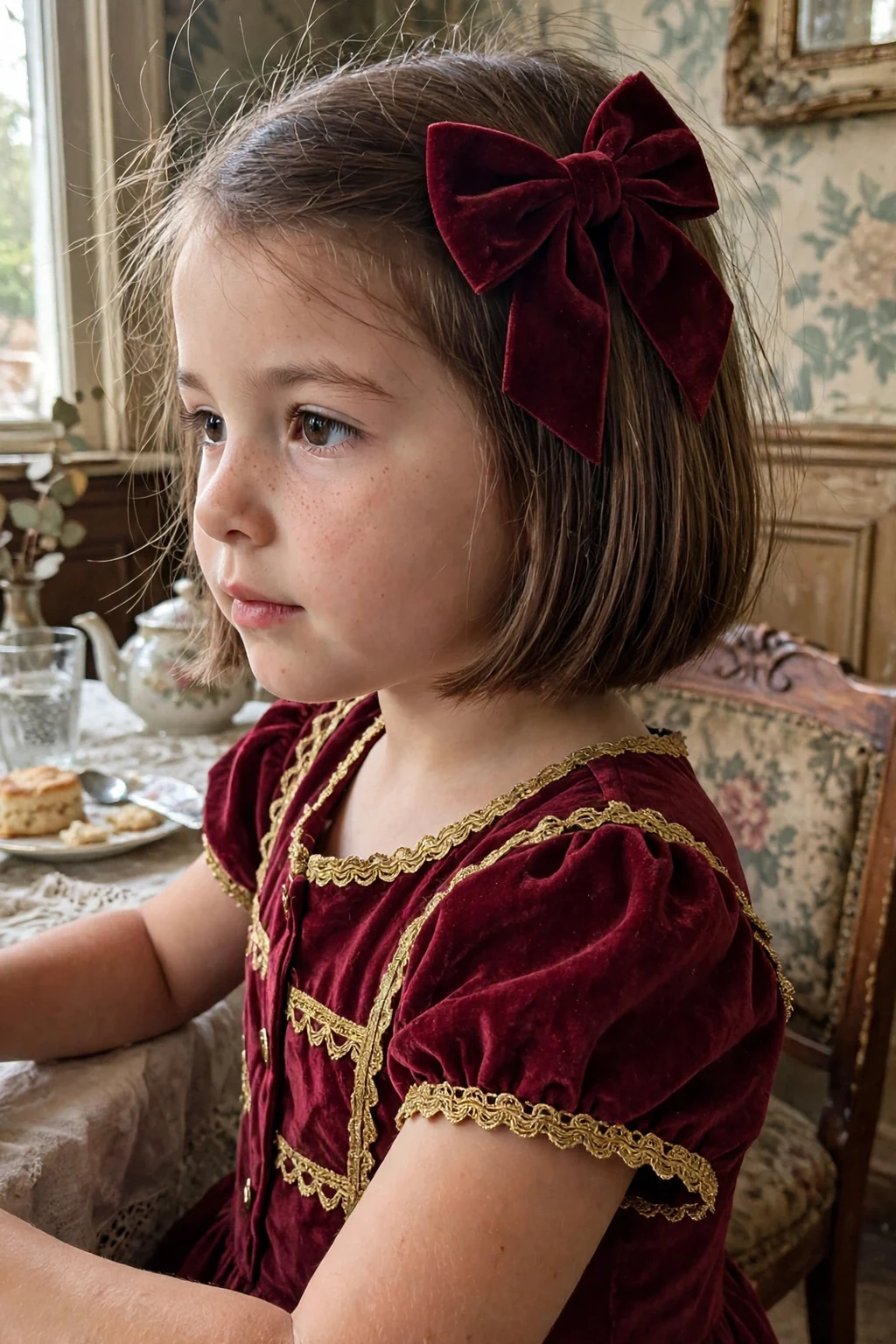 A young girl with a sleek bob and a large velvet bow in a vintage tea room.