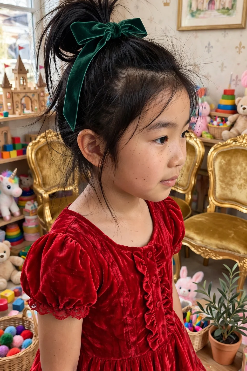 A young girl with a high ponytail tied with a wide velvet ribbon in a palace-themed playroom.