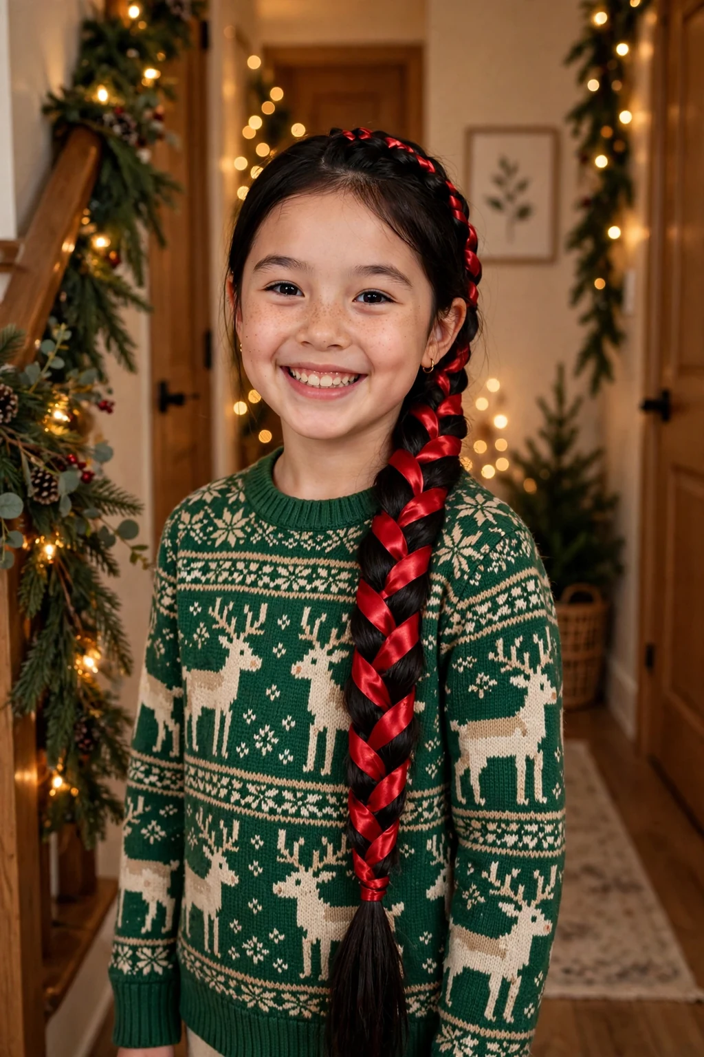 A young girl with a Rudolph red ribbon braid woven with shiny red ribbon through a French braid.