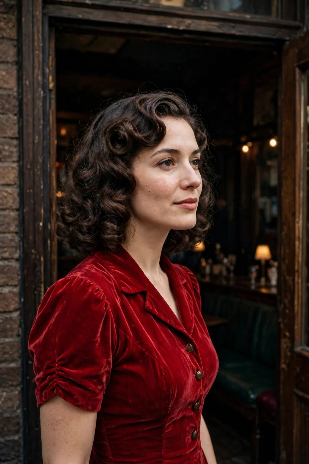 Young woman with retro curls wearing a scarlet vintage dress in a jazz club doorway.