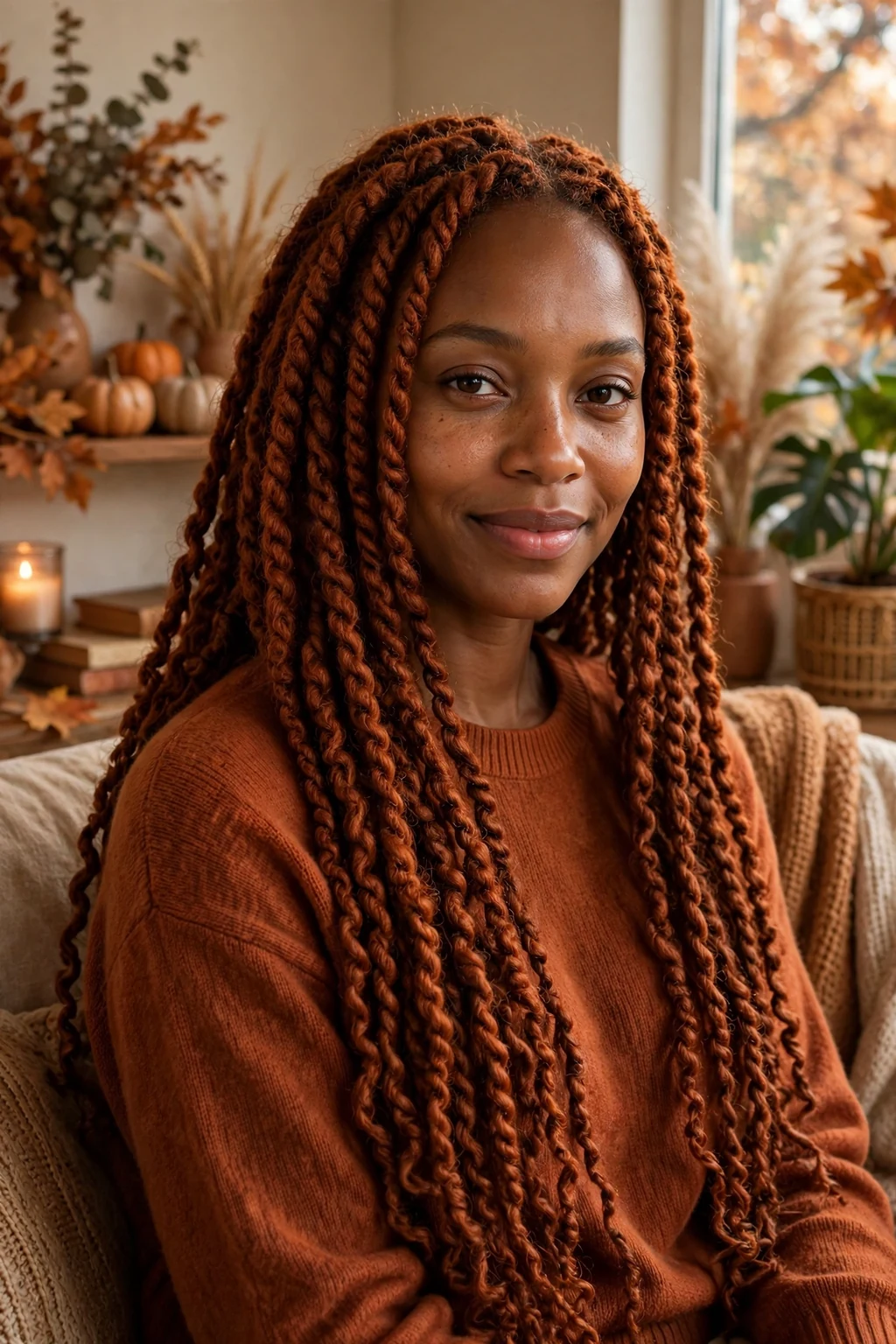Young Black woman with rust-colored Senegalese twists to her waist, wearing a rust sweater, in a cozy living room.