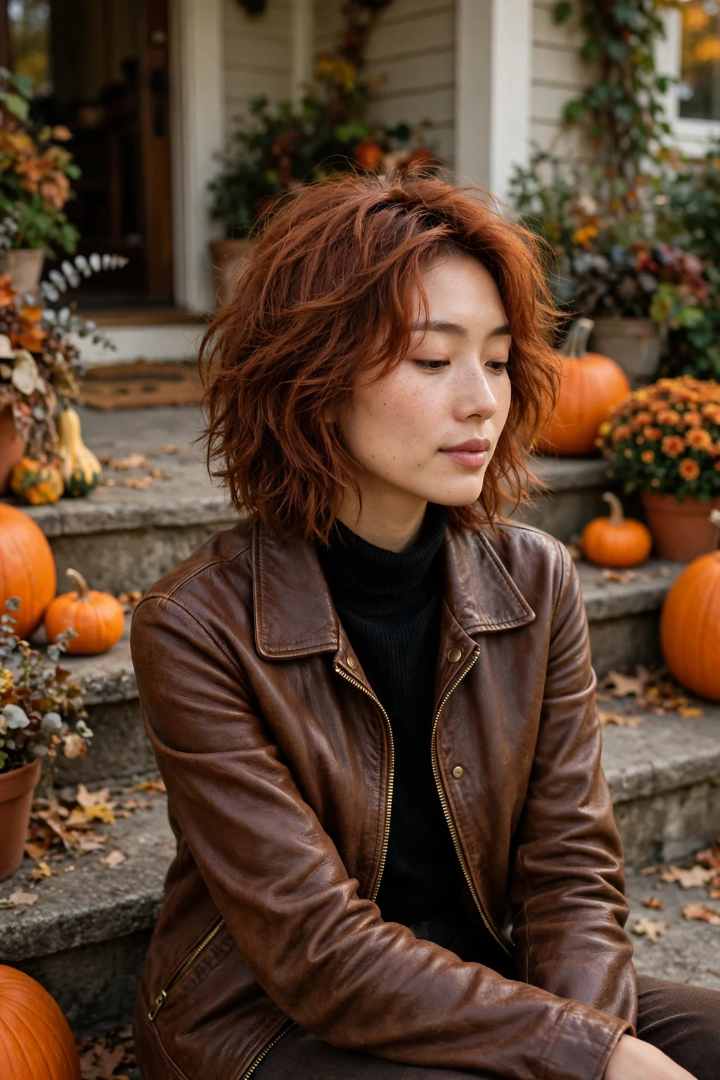 Young woman with a rust-toned textured lob, sitting on steps outside a house wearing a brown leather jacket.