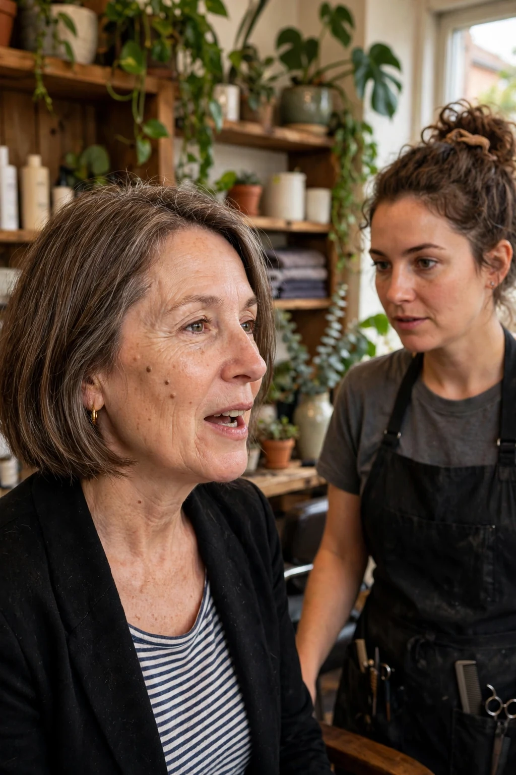 A middle-aged woman with chin-length bobbed brown hair talking with a hairstylist about her hair routine in a neighborhood hair studio.