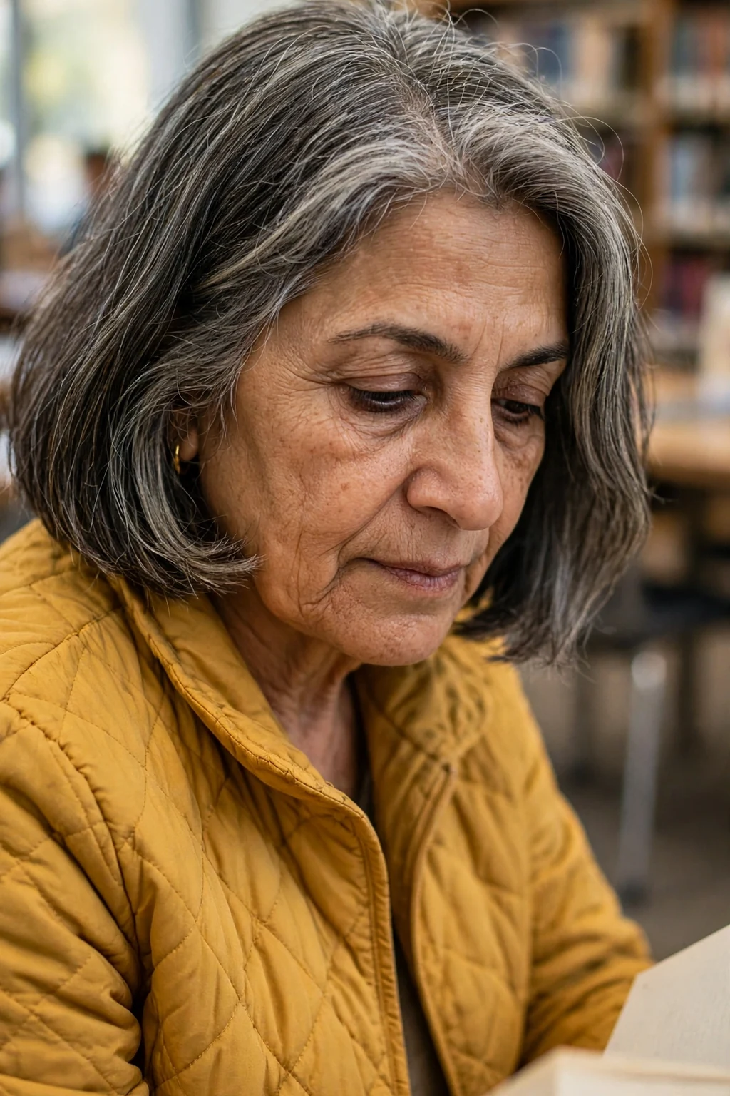 A mature woman in her sixties with a salt-and-pepper bob, wearing a mustard jacket in a library.