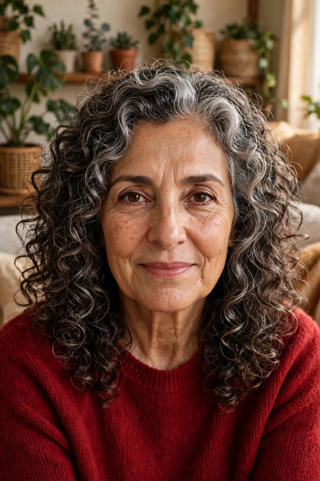 A woman in her late 60s with salt-and-pepper curls to the shoulders, wearing a wine-red sweater in a cozy living room with plants.