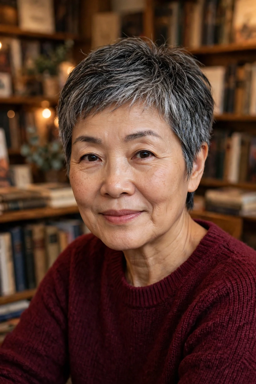A woman in her late 50s with a salt-and-pepper pixie cut, wearing a burgundy sweater in a cozy bookstore.