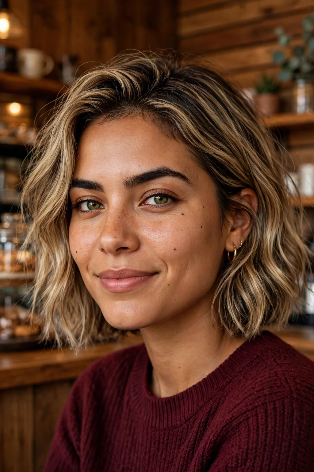 Young woman with sandy blonde hair with lowlights in a textured bob, wearing a burgundy sweater in a coffee shop.
