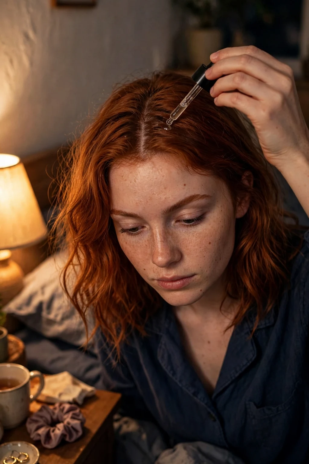 A young woman with wavy red hair applying a dropper scalp serum to her parting in a bedroom at night.