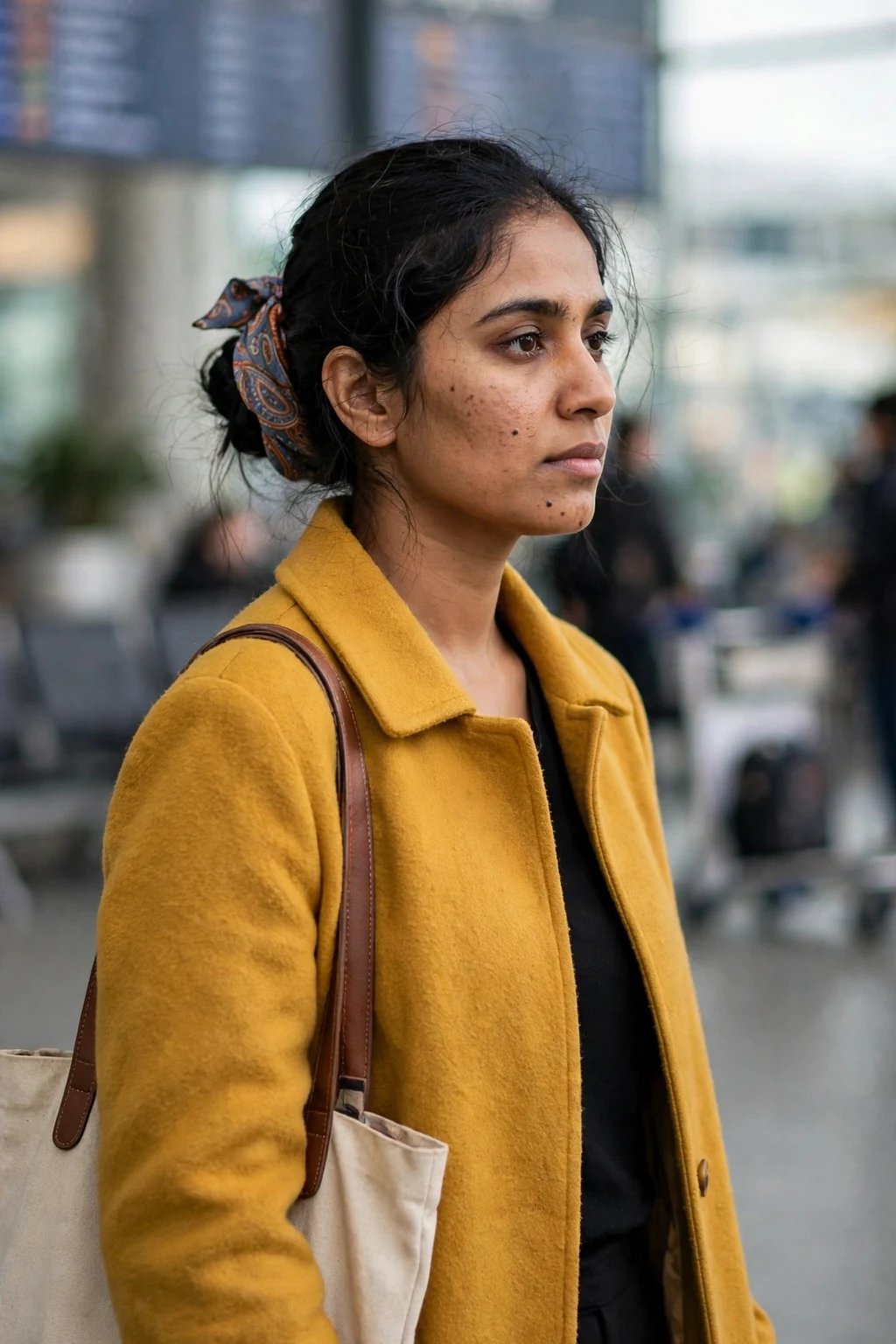 Young South Asian woman with a scarf-wrapped low bun hairstyle standing near an airport departure board, wearing a mustard-yellow coat.