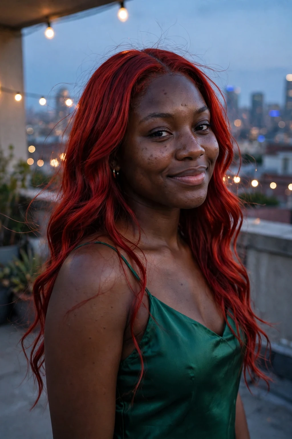 Young Black woman with scarlet deep side part waves in a siren costume at a Halloween party.