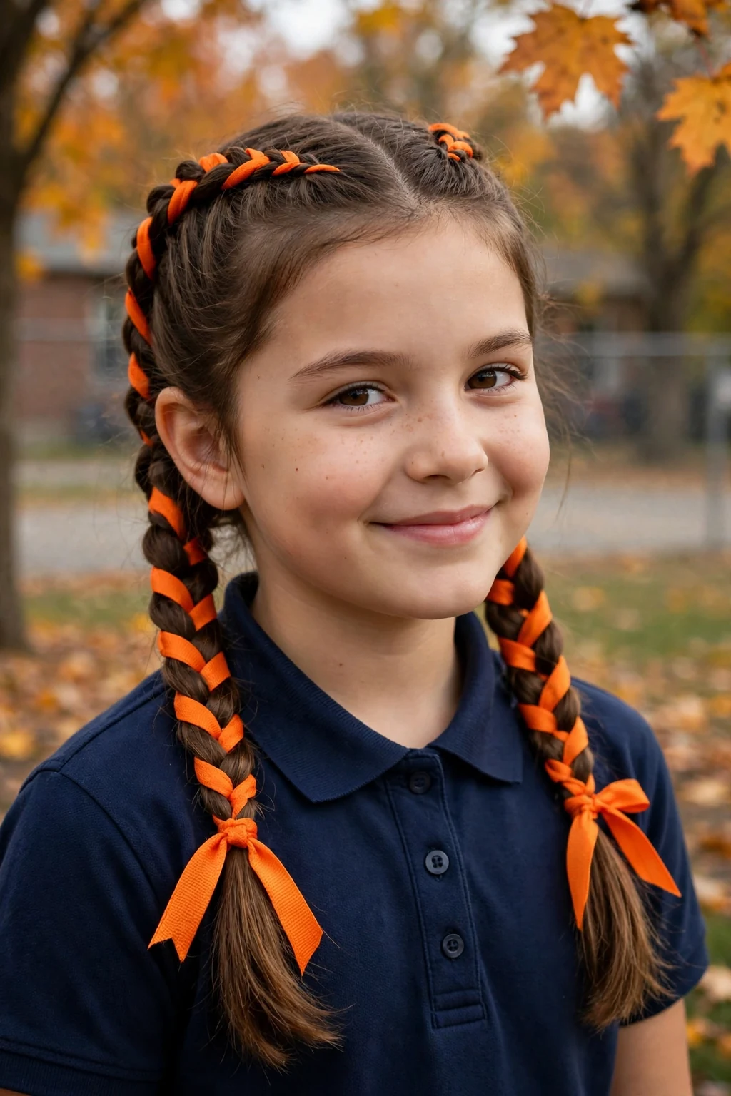 A girl with two braids woven with orange ribbon, wearing a school polo in a schoolyard.