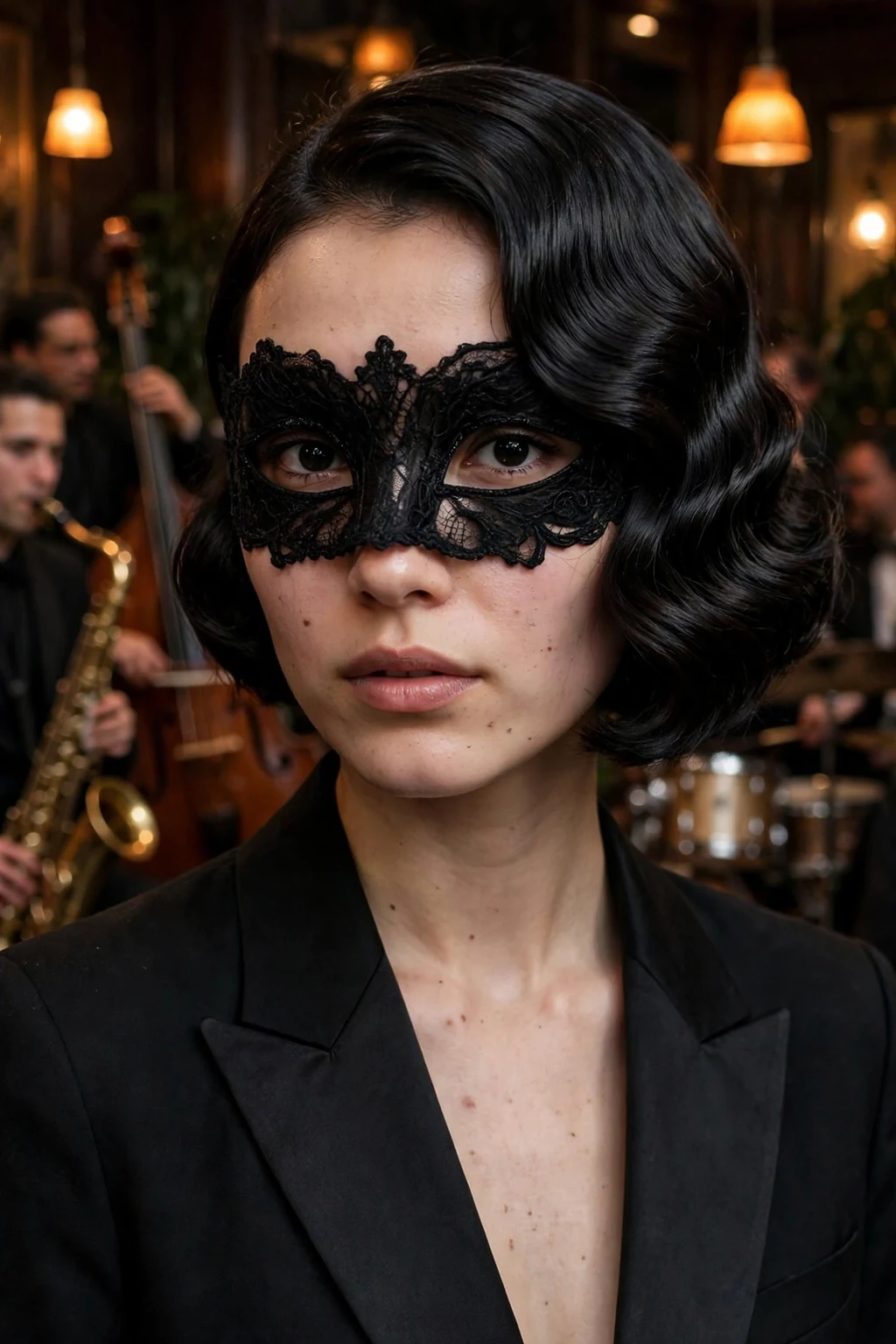 Young woman with a sleek sculpted black bob with finger-wave detail and a dramatic black masquerade mask in a jazz club.