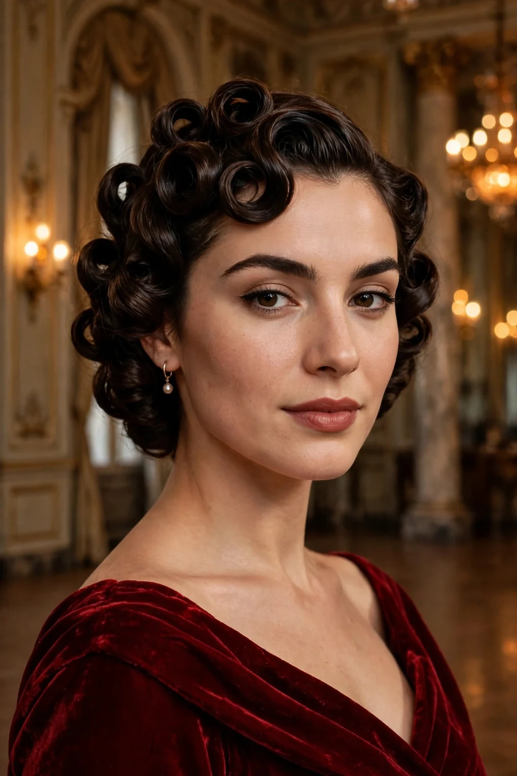 Young woman with sculpted pin curls at a vintage winter ball.