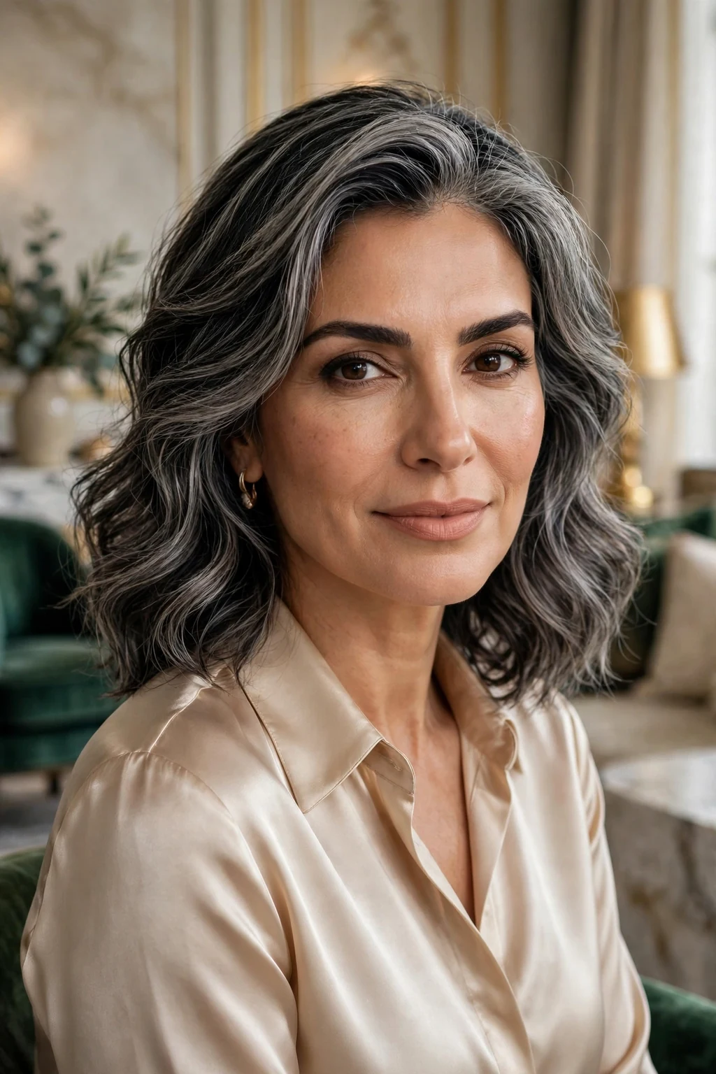 Beautiful woman with dark hair and seamless gray blend, perfectly blended silver dark mix, flawless light.