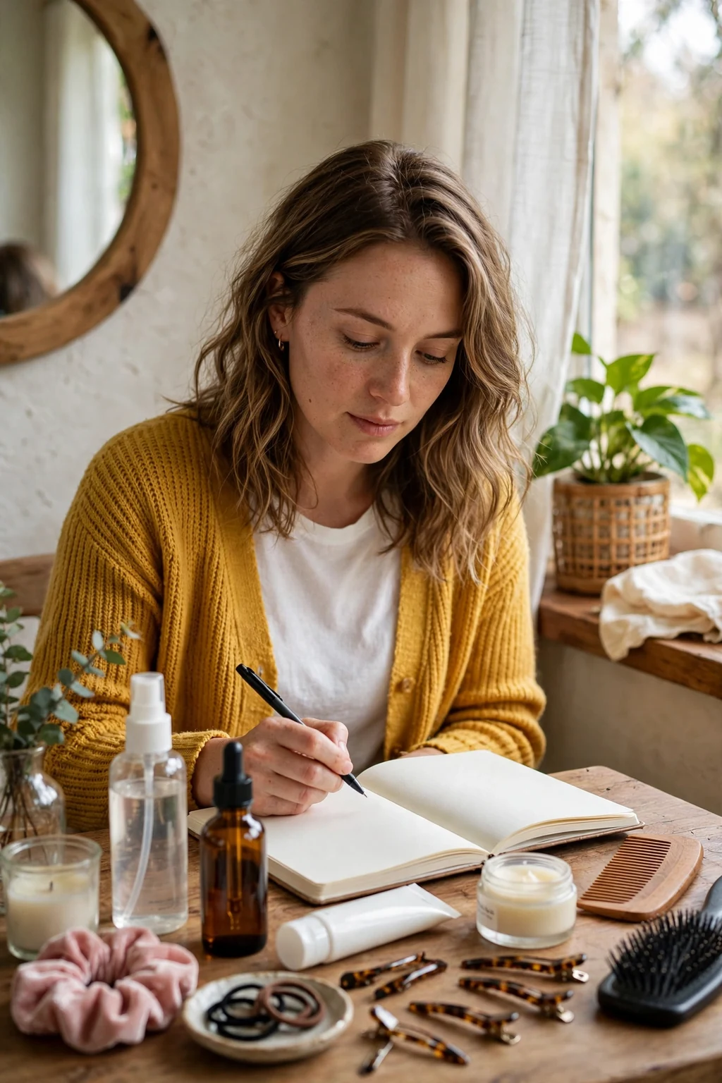 A young woman reviewing her hair care products and routine notes at a vanity table.