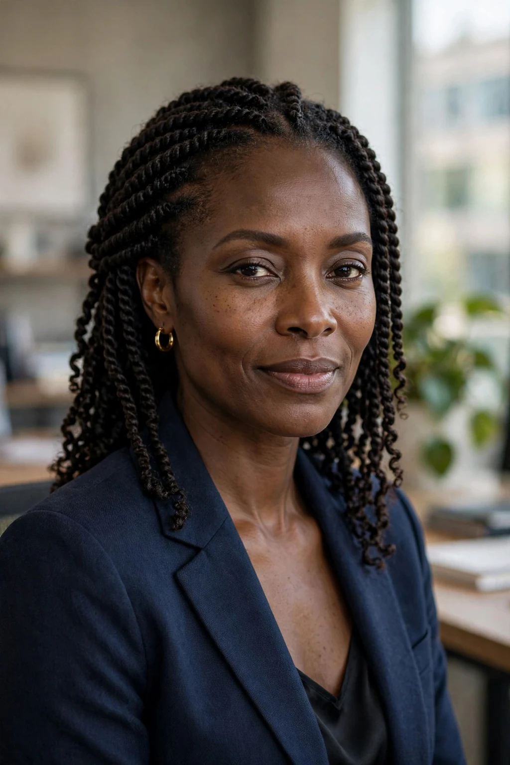 Beautiful woman with senegalese twists, elegant senegalese twists, sophisticated light.