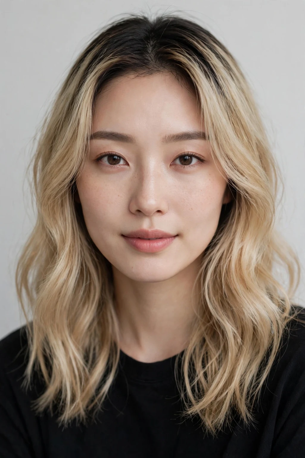 Beautiful woman with shadow root blonde, soft shadow root with blonde lengths, soft light.