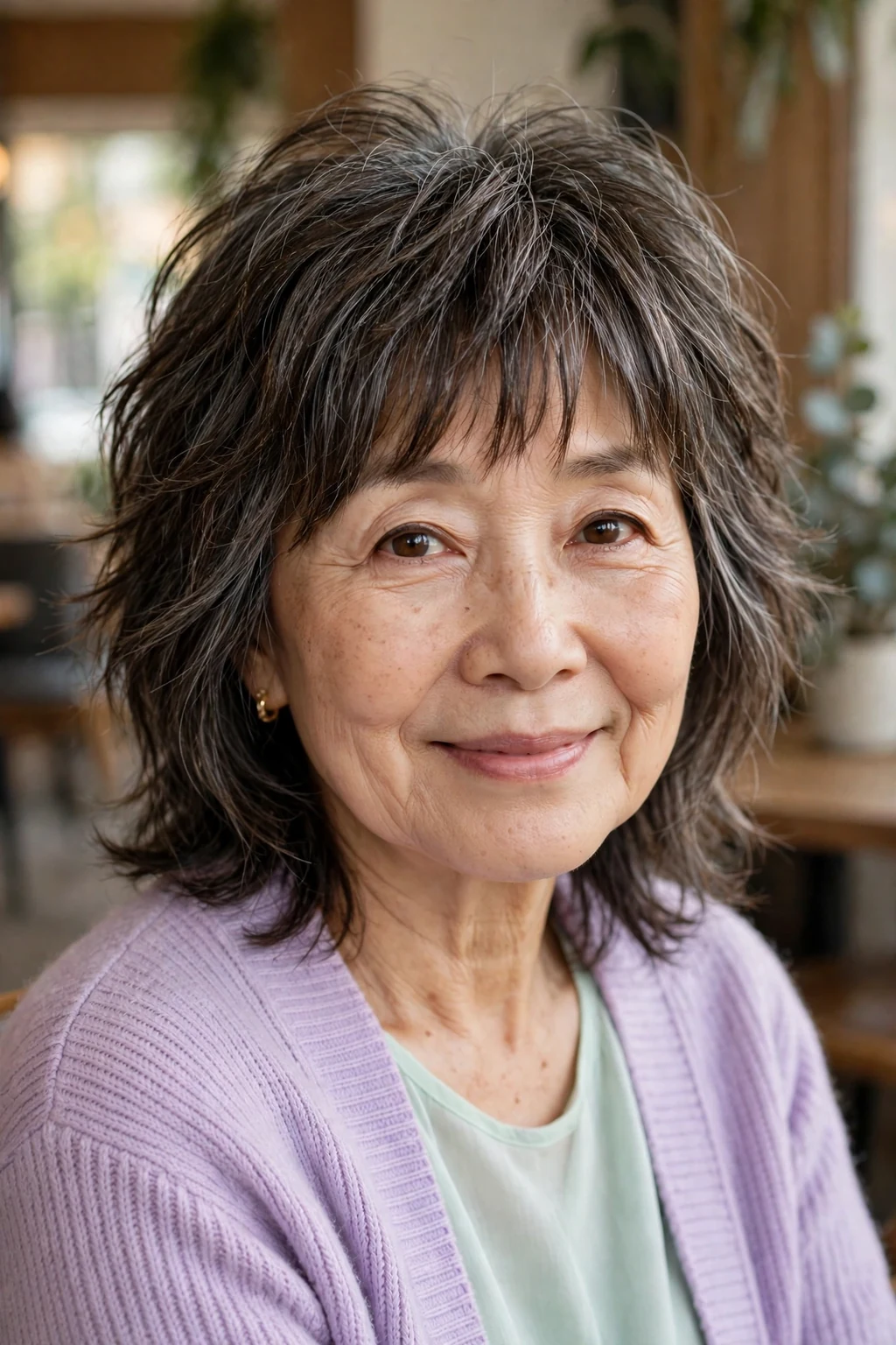 Beautiful woman over 60 with shag with bangs, shaggy cut with bangs, sweet light.