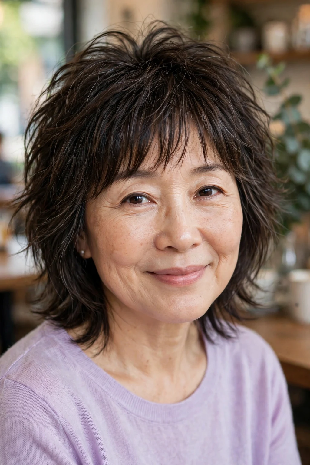 Beautiful woman over 50 with shag with bangs, shaggy cut with bangs, sweet light.