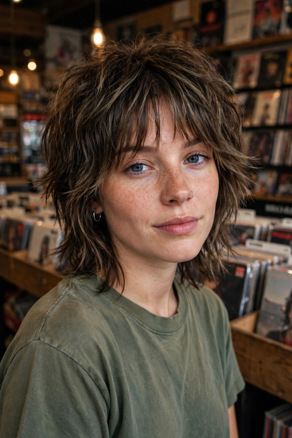 Beautiful woman with curtain bangs and shag, textured shag with bangs, cool light.
