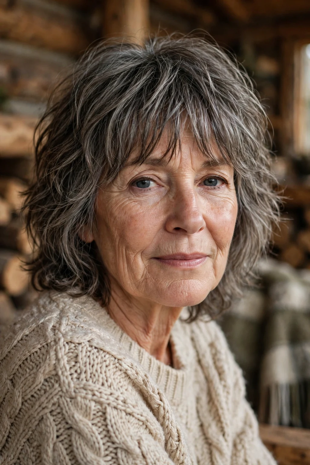 Beautiful older woman with shaggy bangs, cool shaggy bangs, textured light.