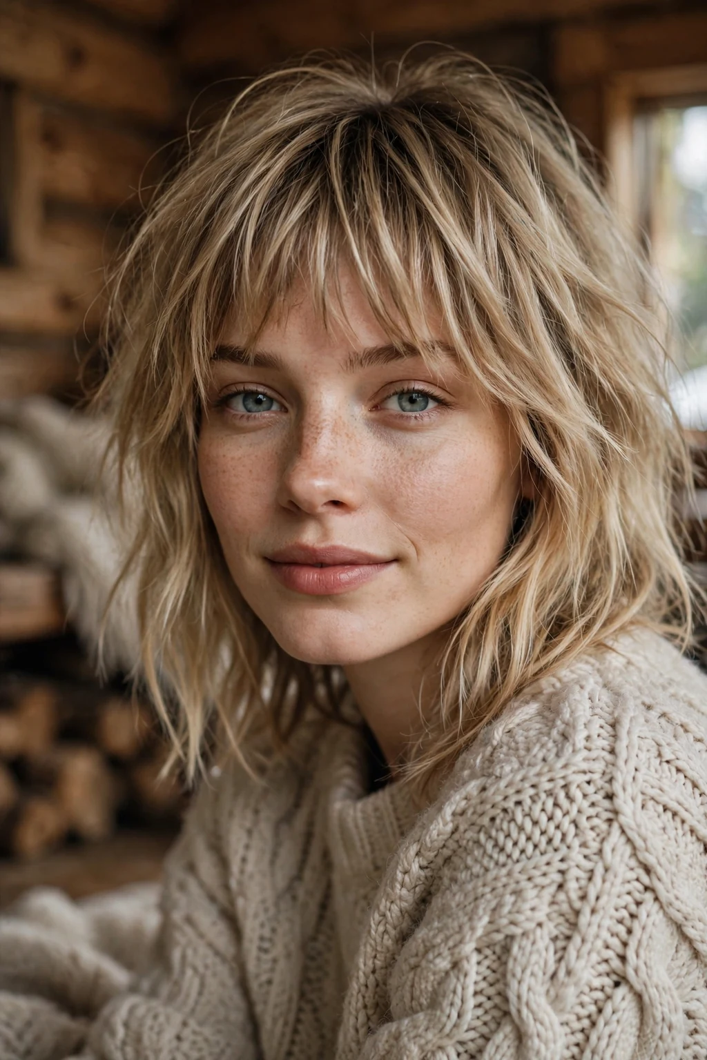 Beautiful woman with shaggy bangs, cool shaggy bangs, textured light.