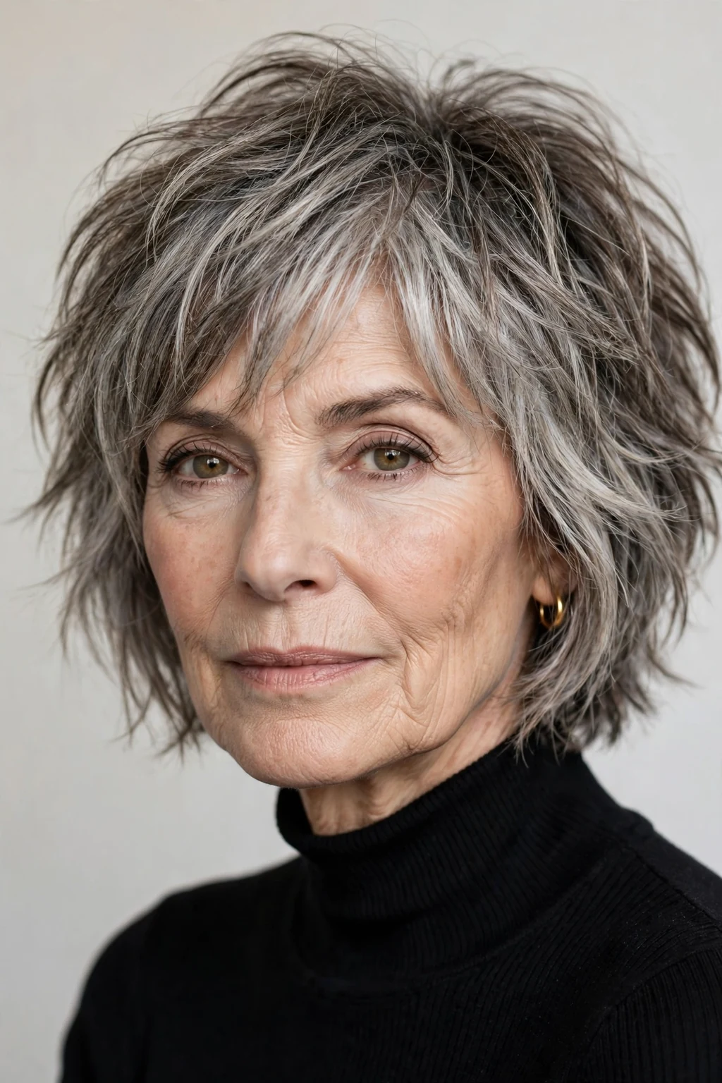 Elegant woman over 60 with shaggy bob, textured lived-in layers, edgy soft light.