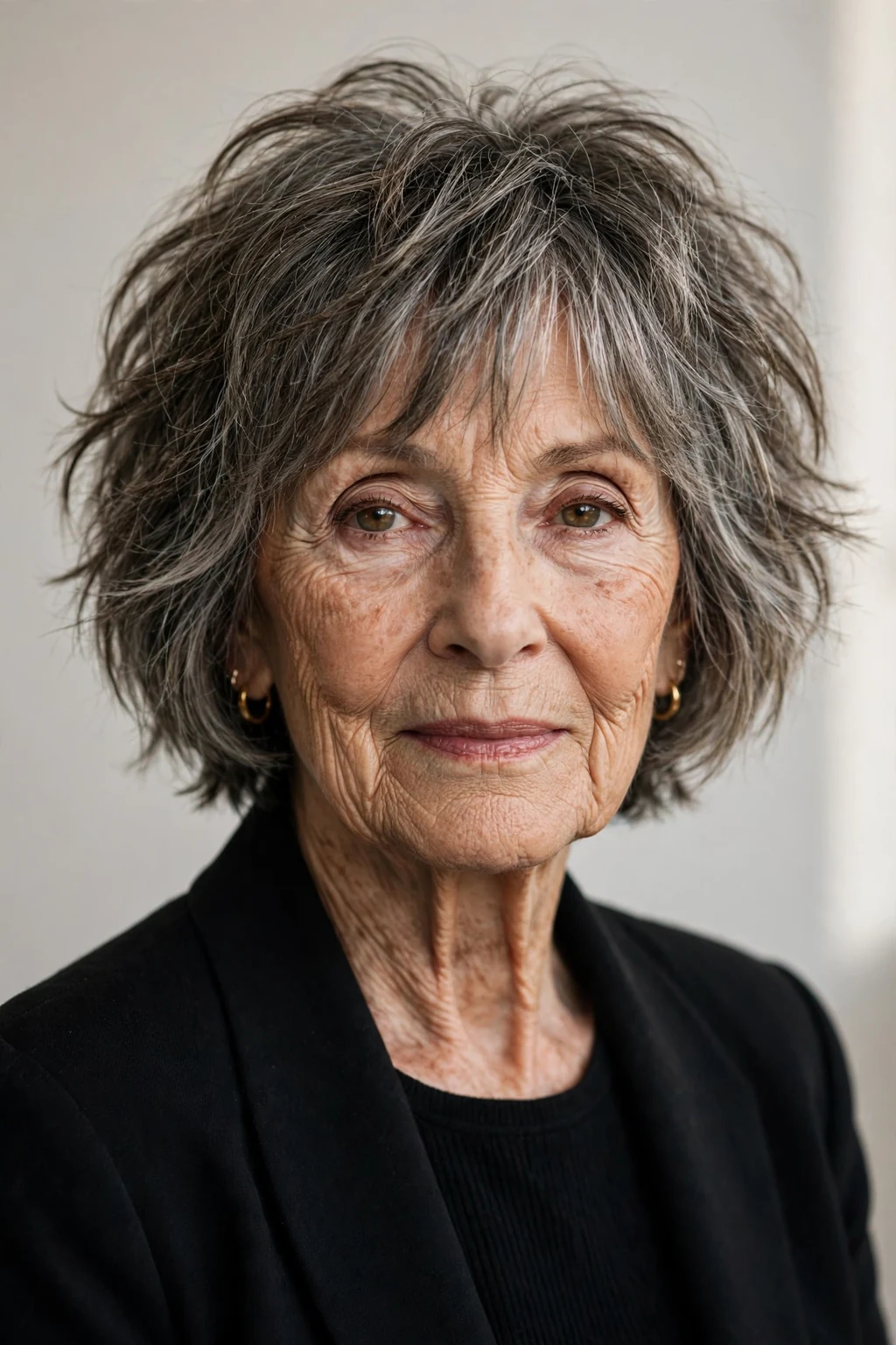 Elegant woman over 70 with shaggy bob, textured lived-in layers, edgy soft light.