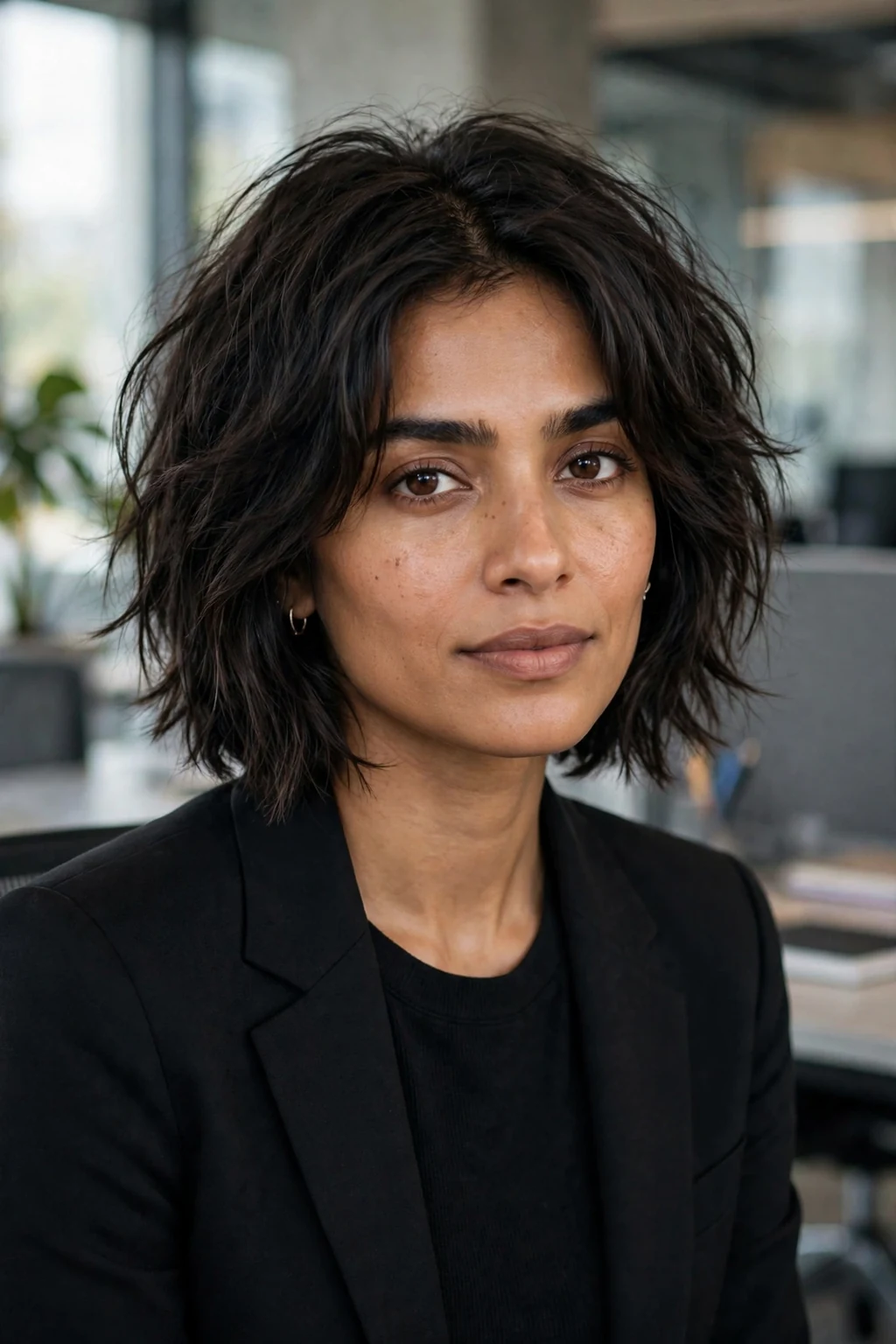 Beautiful woman with shaggy bob, chin-length shaggy bob, chic light.