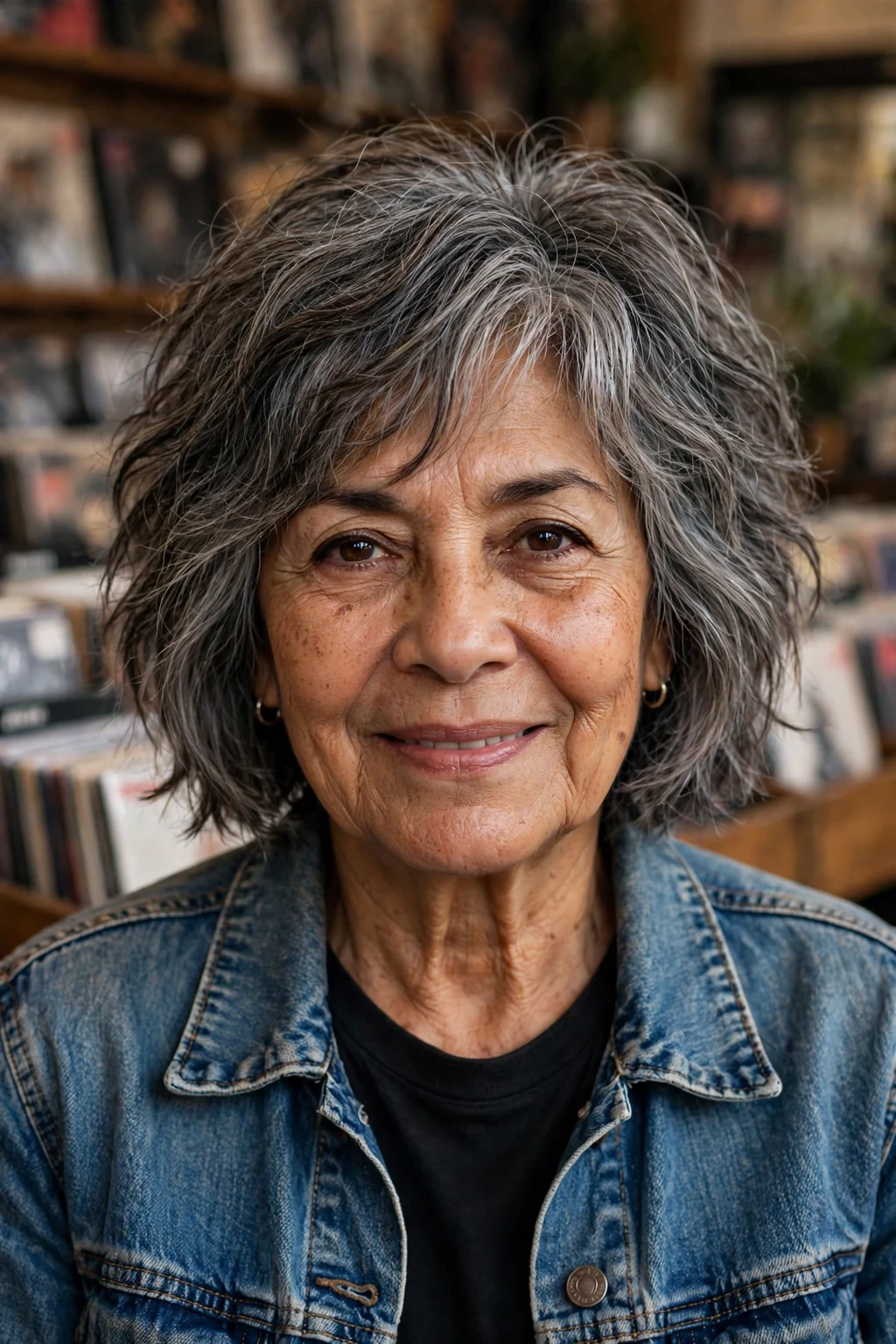 Beautiful older woman with shaggy bob wash-and-wear, textured shaggy bob, cool light.
