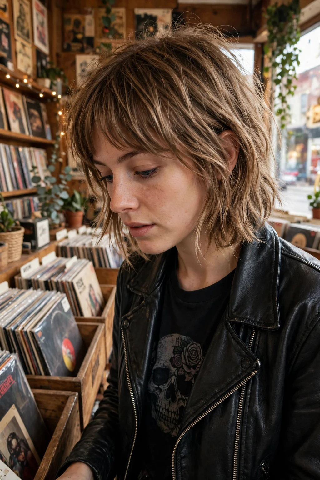 Young woman with a shaggy bob and curtain bangs, at a cozy vintage record store.