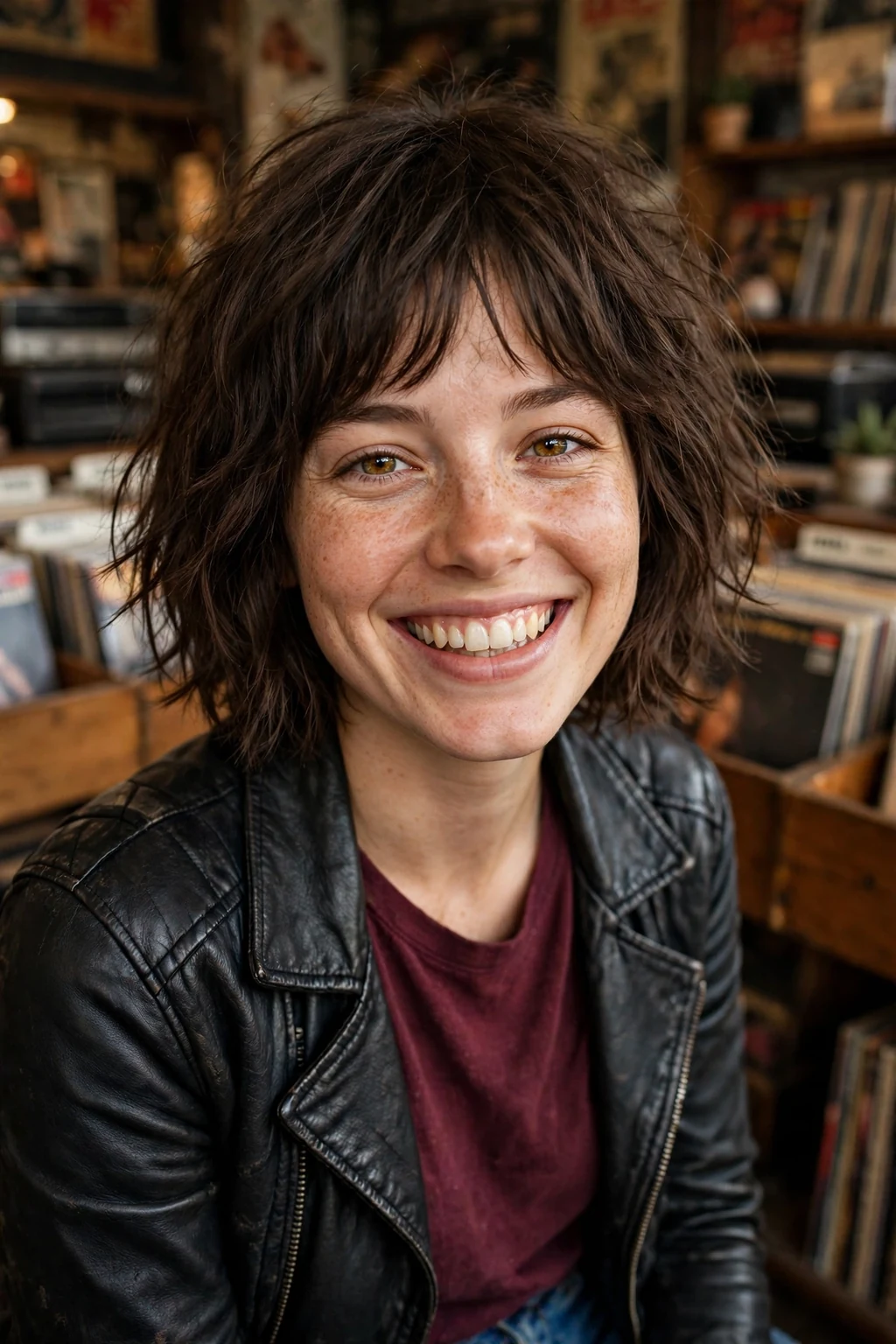 Young woman with a shaggy textured bob in a record store wearing a leather jacket.