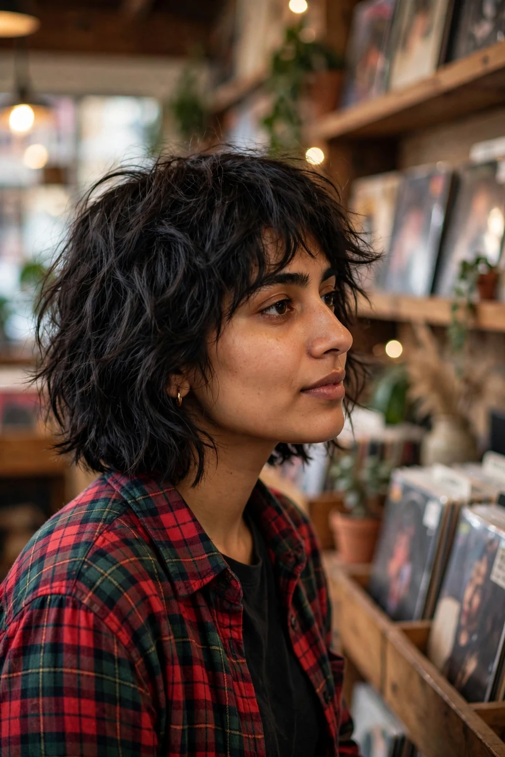 A young woman with a shaggy chin bob, wearing a plaid shirt in a cozy record store.