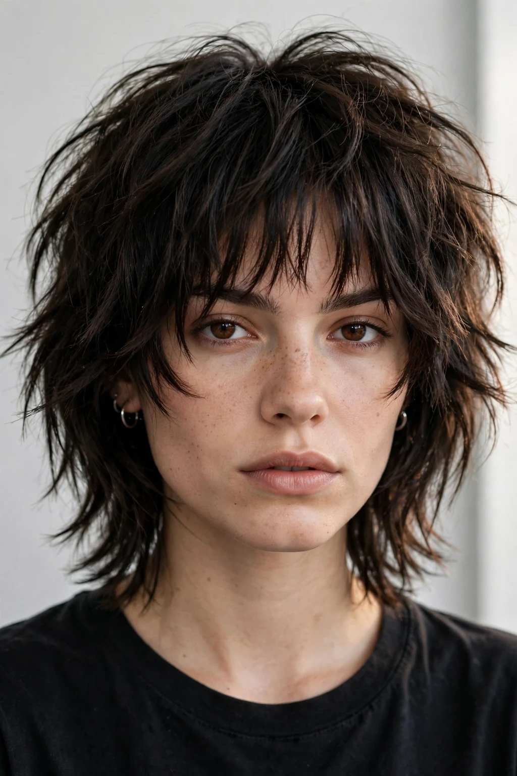Woman with shaggy choppy bob, rock-and-roll layers with lots of texture, edgy lighting.