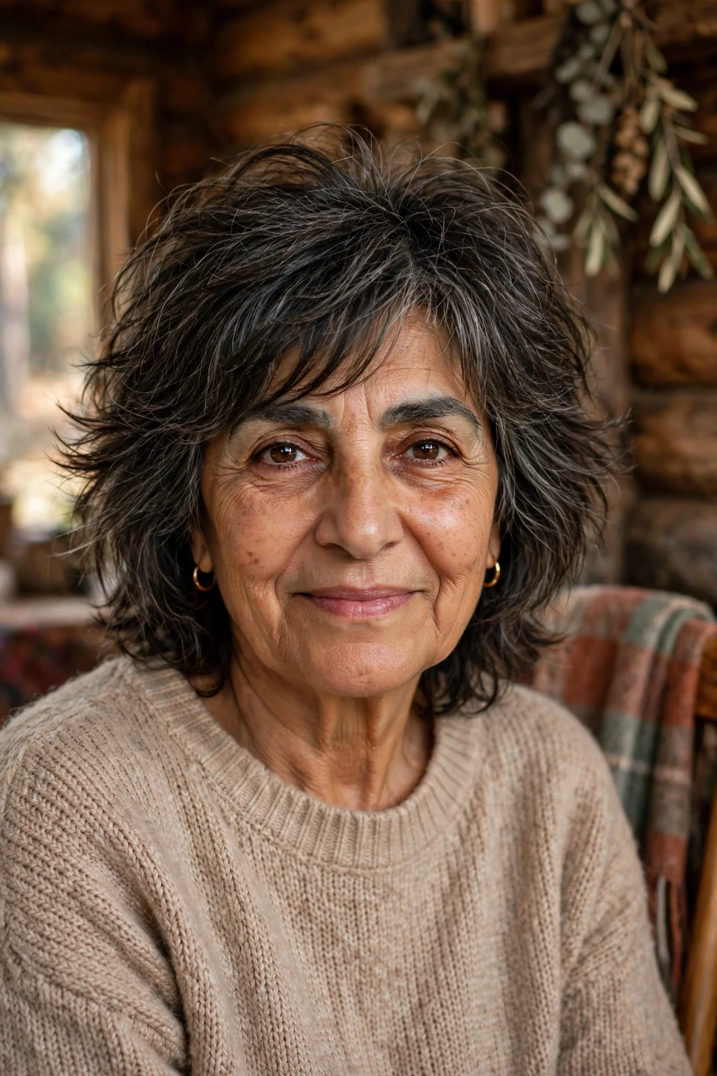 Beautiful older woman with shaggy layers, cool shaggy layers, relaxed light.