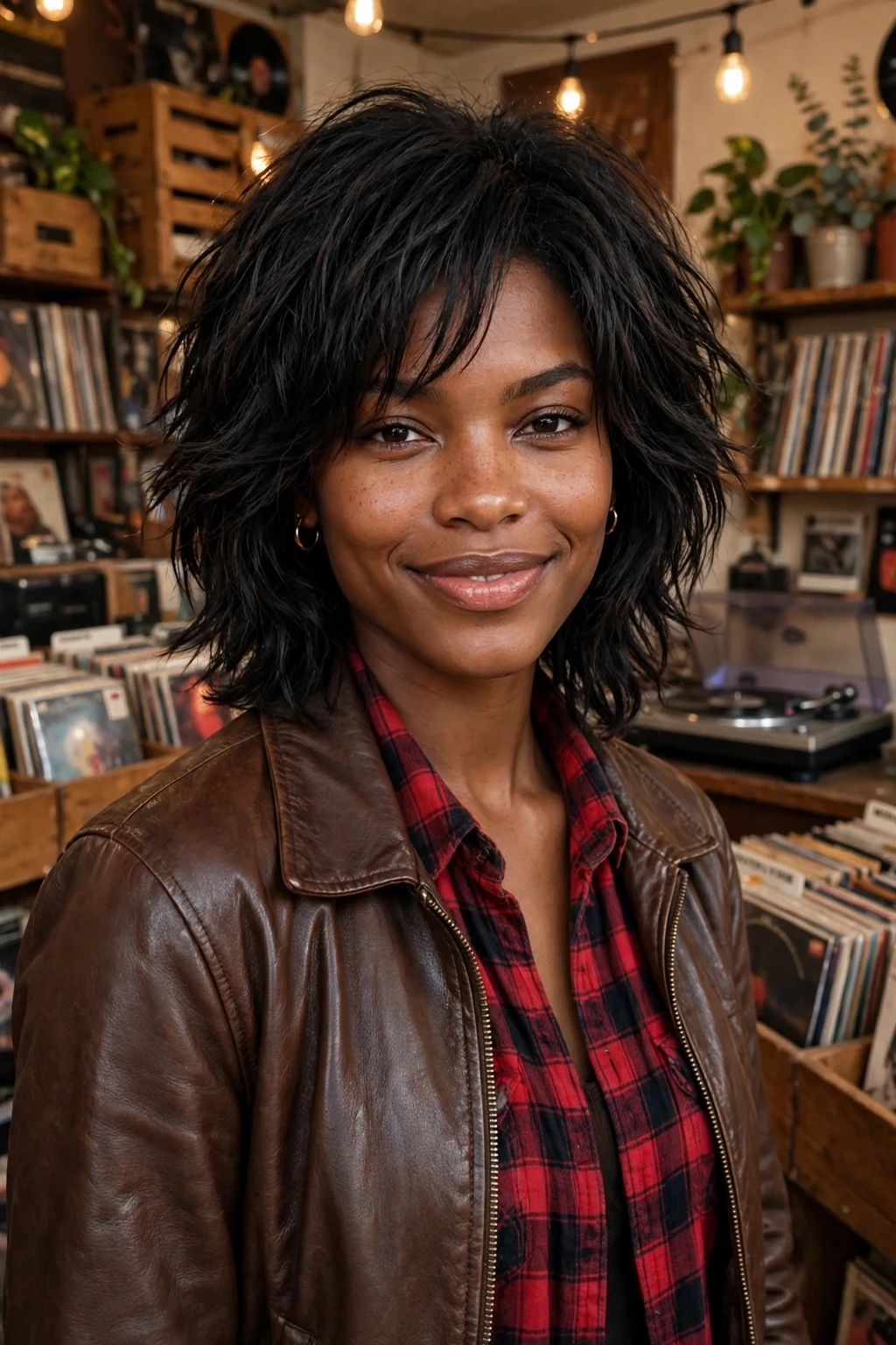 Young woman with shaggy medium layers, standing in a record store wearing a plaid shirt and leather jacket.