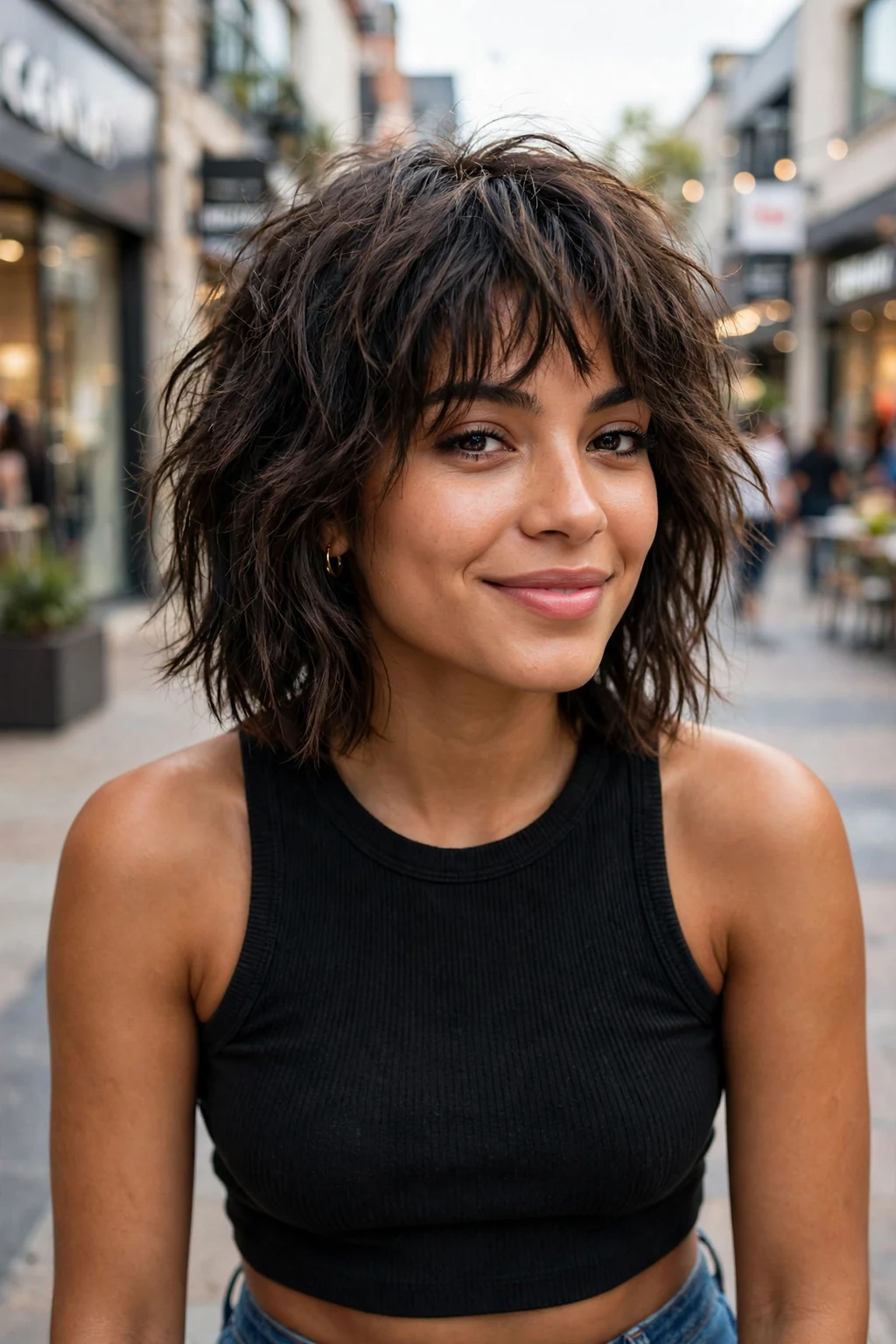 Beautiful woman with shaggy lob cut, textured shaggy long bob, trendy light.
