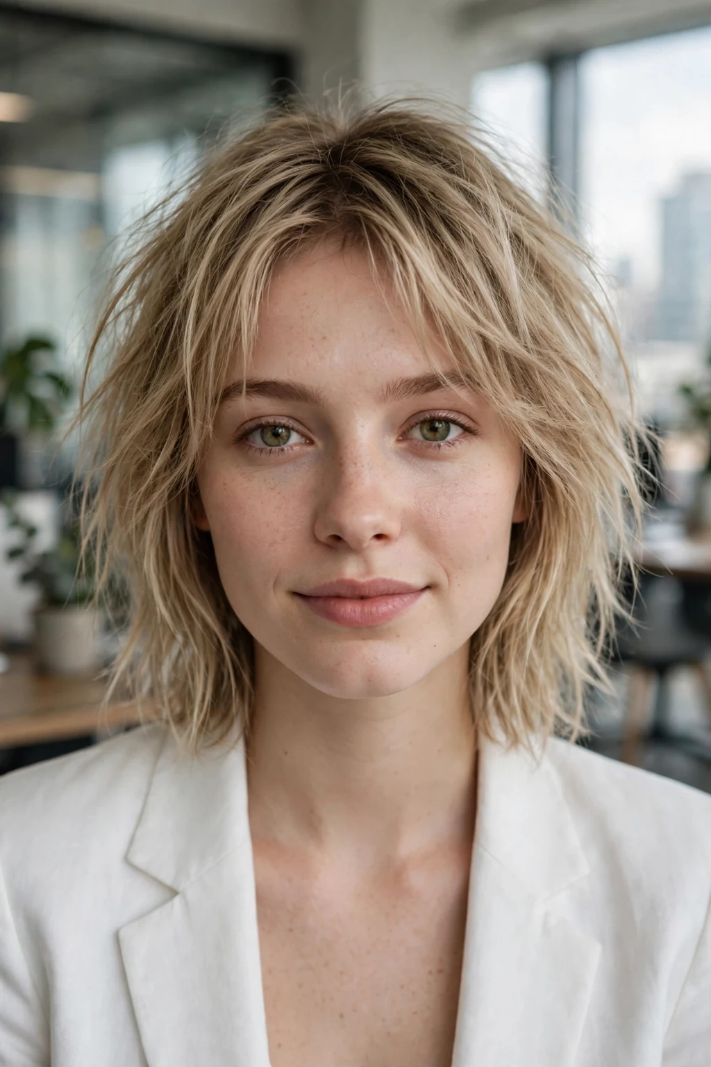 Beautiful woman with fine hair and shaggy lob, long shaggy bob, chic light.