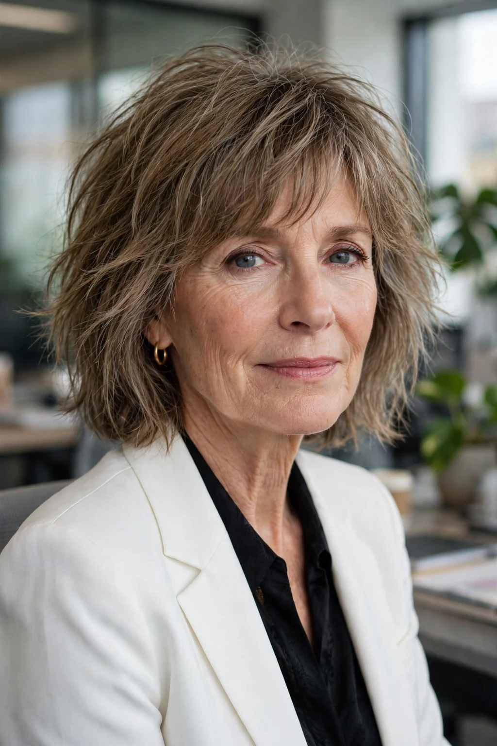 Beautiful woman over 60 with shaggy lob, long shaggy bob, chic light.