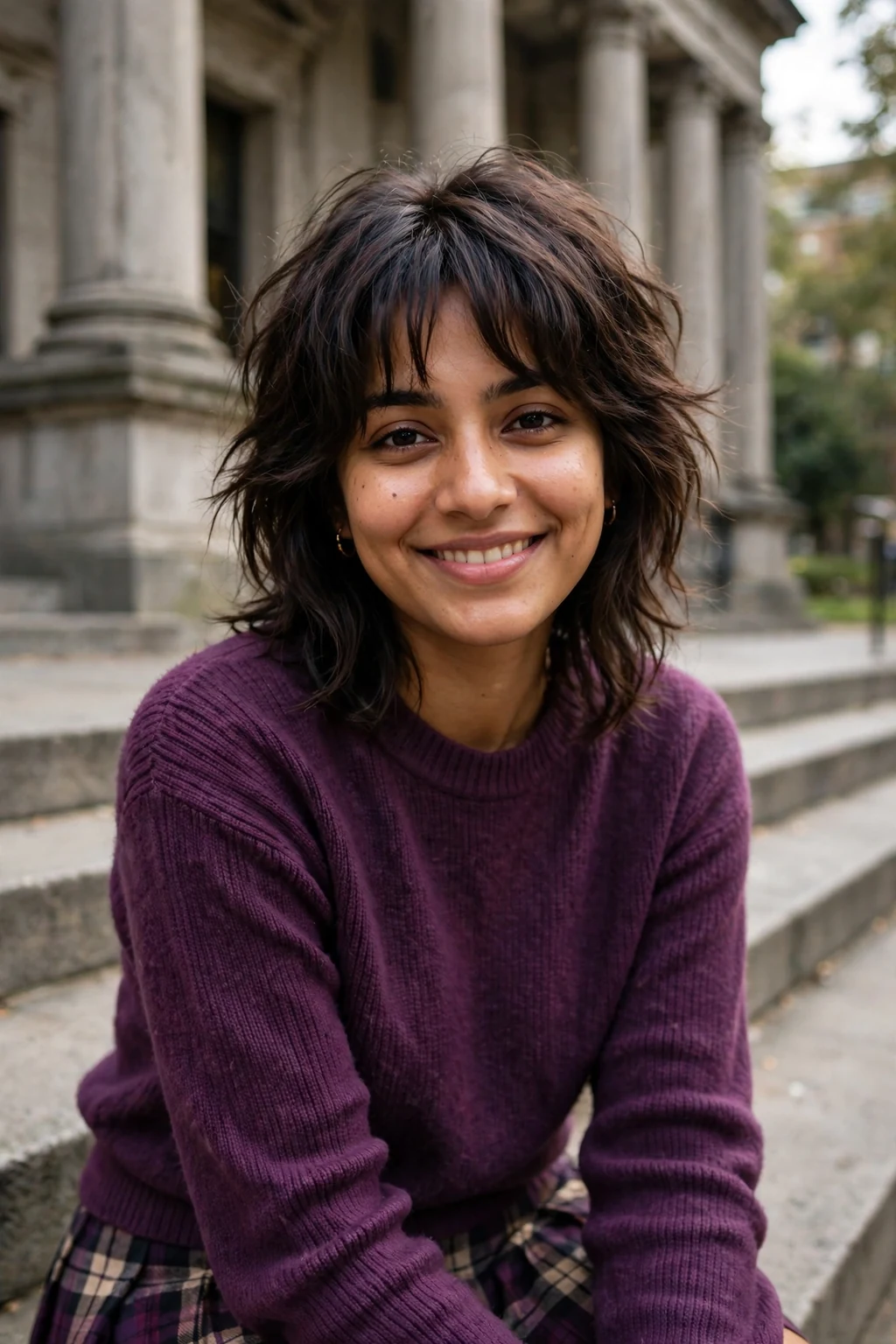 A young woman with a shaggy lob and face-framing bangs, sitting on university library steps.